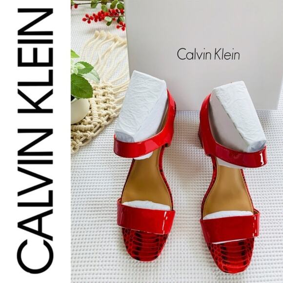 CALVIN KLEIN NEW Open Toe Sandal High Heels Block Heel Red Shoes – Size 8 - Picture 7 of 8